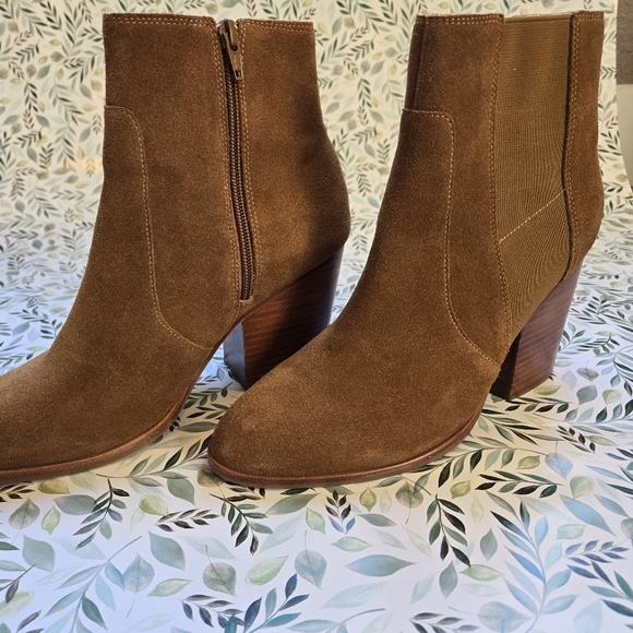 Soludos Emma Chesnut Suede Ankle Booties Tan Leather Block Heel Boots 9 - Picture 4 of 12